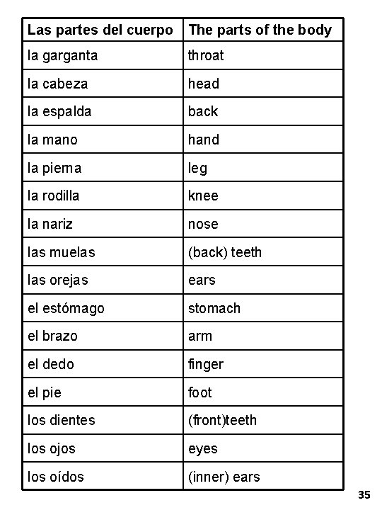 Las partes del cuerpo The parts of the body la garganta throat la cabeza