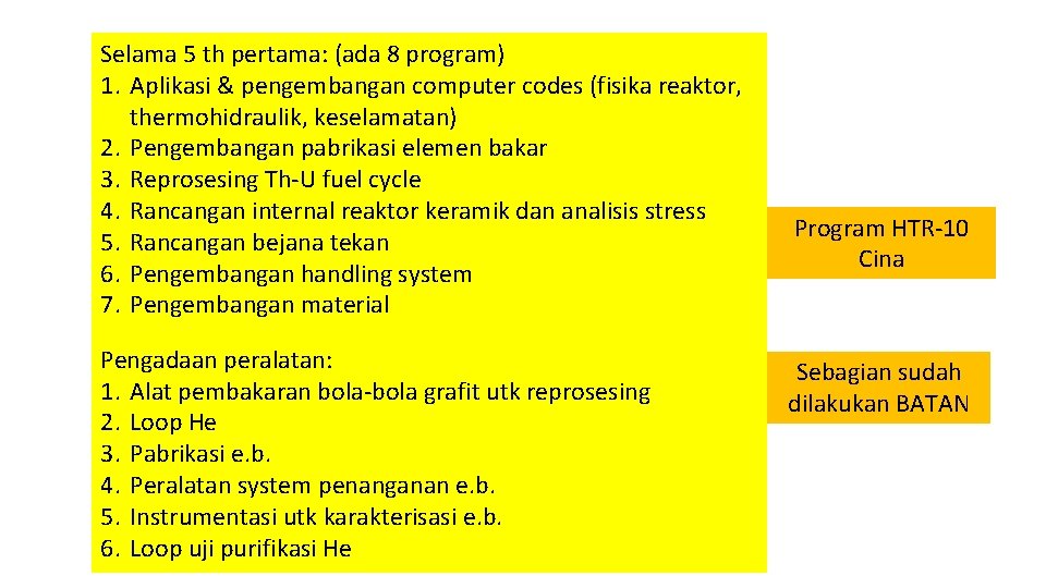 Selama 5 th pertama: (ada 8 program) 1. Aplikasi & pengembangan computer codes (fisika