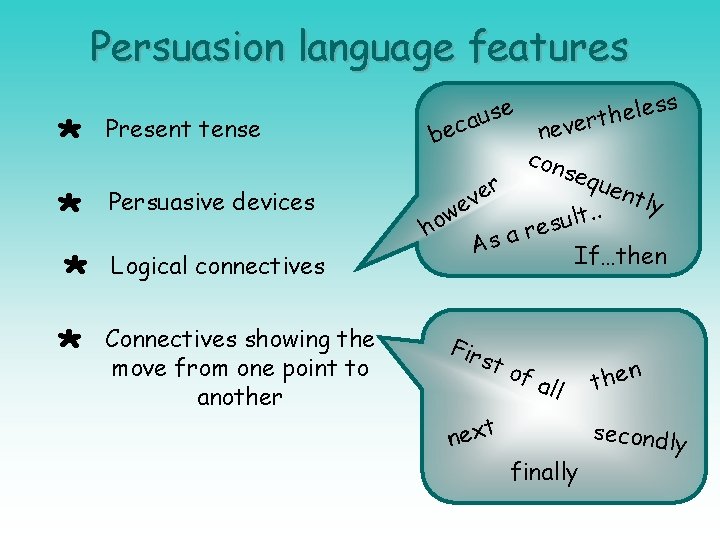 Persuasion language features * Present tense * * Persuasive devices * Connectives showing the