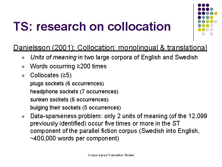 TS: research on collocation Danielsson (2001): Collocation: monolingual & translational l Units of meaning