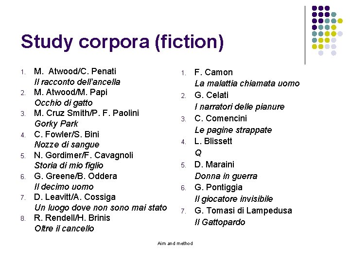 Study corpora (fiction) 1. 2. 3. 4. 5. 6. 7. 8. M. Atwood/C. Penati