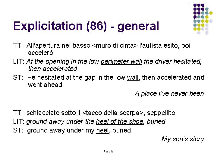 Explicitation (86) - general TT: All'apertura nel basso <muro di cinta> l'autista esitò, poi