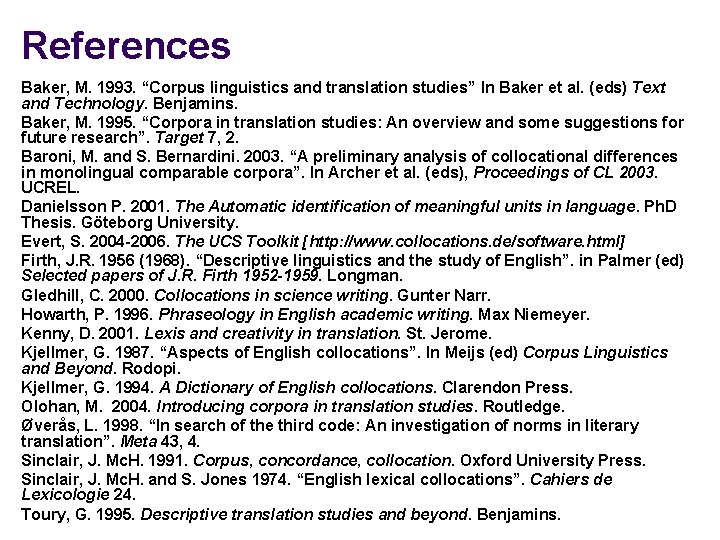 References Baker, M. 1993. “Corpus linguistics and translation studies” In Baker et al. (eds)