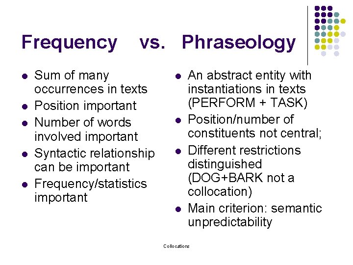 Frequency l l l vs. Phraseology Sum of many occurrences in texts Position important