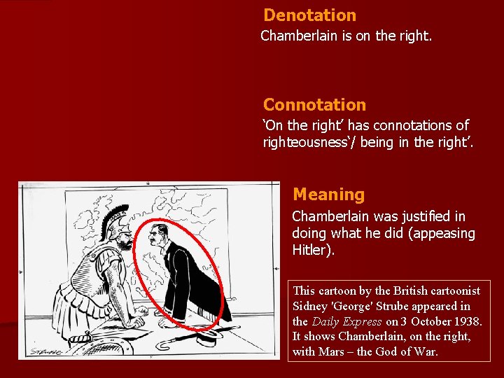 Denotation Chamberlain is on the right. Connotation ‘On the right’ has connotations of righteousness‘/ Denotation Chamberlain is on the right. Connotation ‘On the right’ has connotations of righteousness‘/