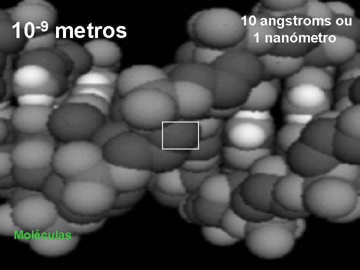 -9 10 metros Moléculas 10 angstroms ou 1 nanómetro 