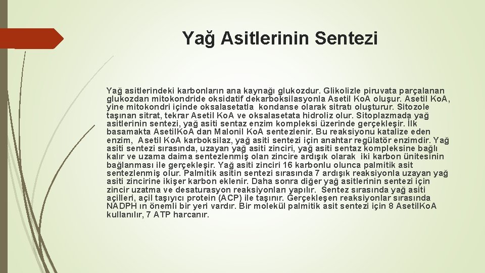 Yağ Asitlerinin Sentezi Yağ asitlerindeki karbonların ana kaynağı glukozdur. Glikolizle piruvata parçalanan glukozdan mitokondride