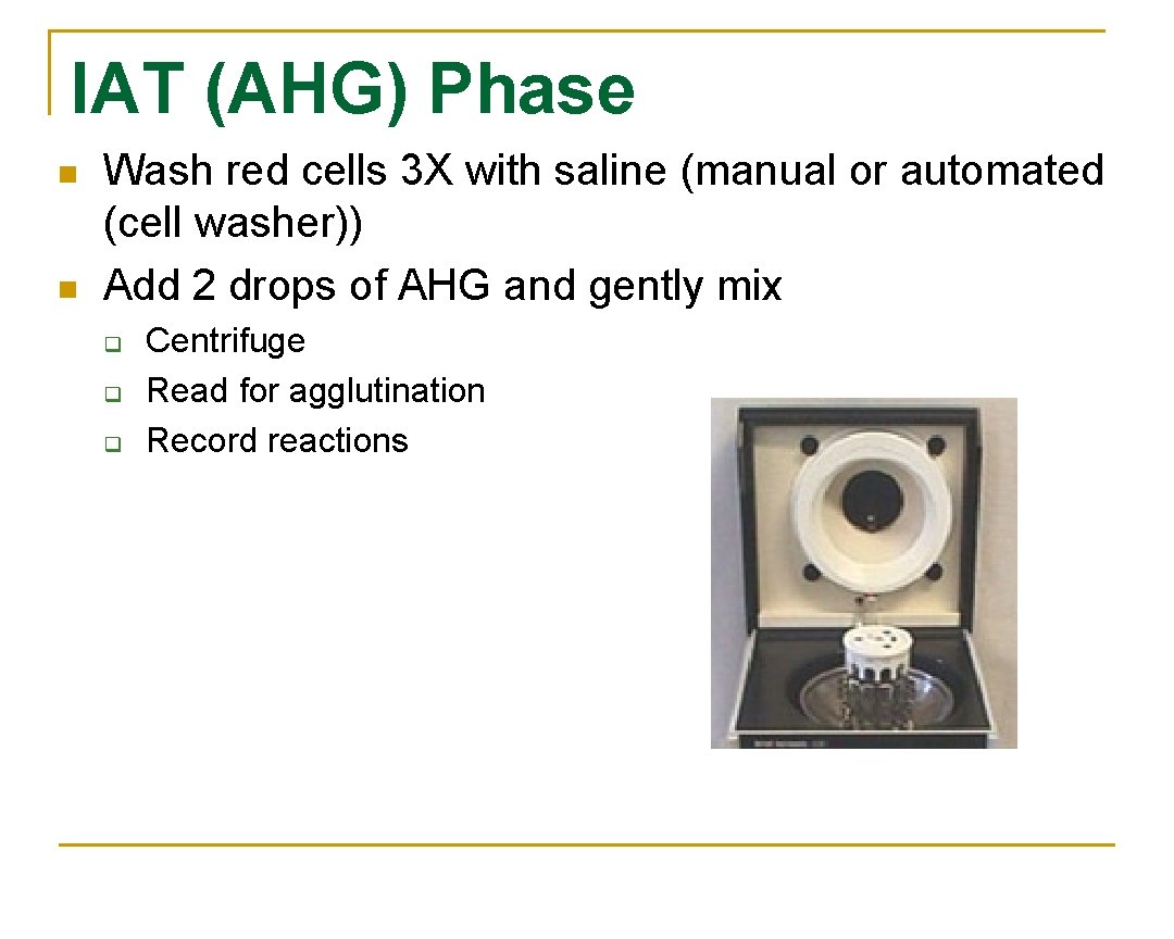 IAT (AHG) Phase n n Wash red cells 3 X with saline (manual or IAT (AHG) Phase n n Wash red cells 3 X with saline (manual or