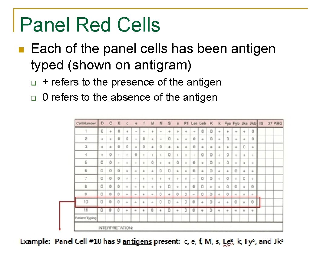 Panel Red Cells n Each of the panel cells has been antigen typed (shown