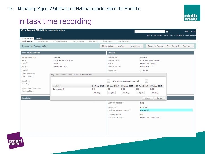 18 Managing Agile, Waterfall and Hybrid projects within the Portfolio In-task time recording: 