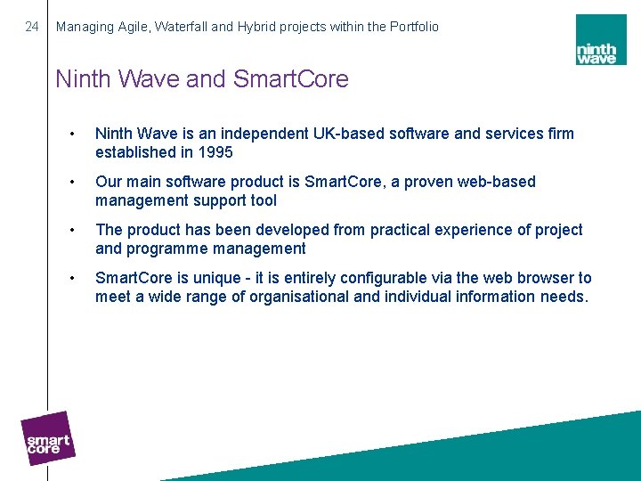 24 Managing Agile, Waterfall and Hybrid projects within the Portfolio Ninth Wave and Smart.