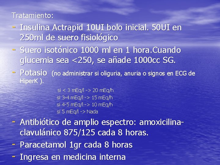 Tratamiento: - Insulina Actrapid 10 UI bolo inicial. 50 UI en - 250 ml