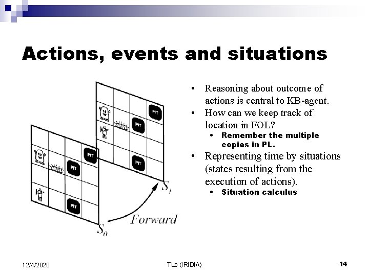 Actions, events and situations • Reasoning about outcome of actions is central to KB-agent.