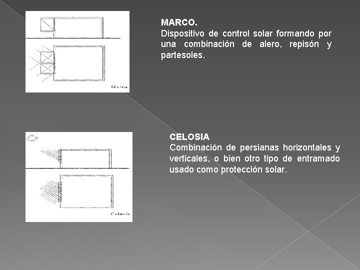 MARCO. Dispositivo de control solar formando por una combinación de alero, repisón y partesoles. MARCO. Dispositivo de control solar formando por una combinación de alero, repisón y partesoles.