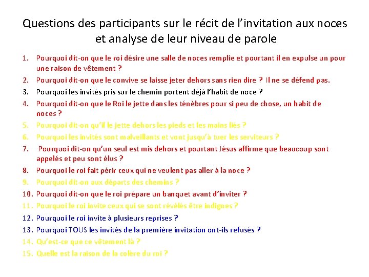 Questions des participants sur le récit de l’invitation aux noces et analyse de leur