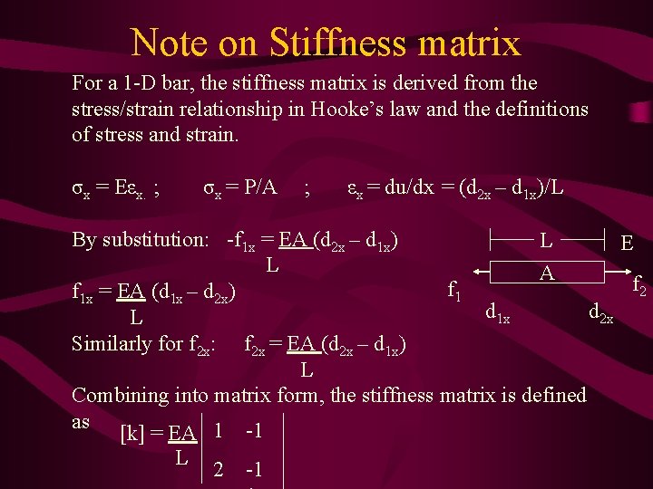 Note on Stiffness matrix For a 1 -D bar, the stiffness matrix is derived