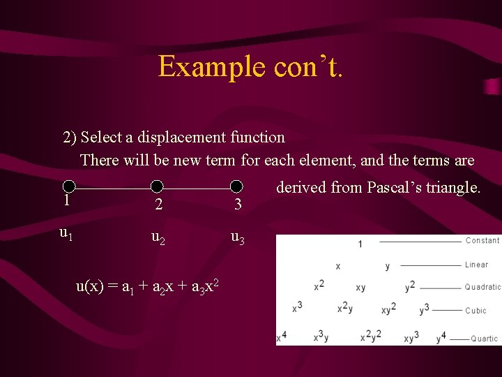 Example con’t. 2) Select a displacement function There will be new term for each