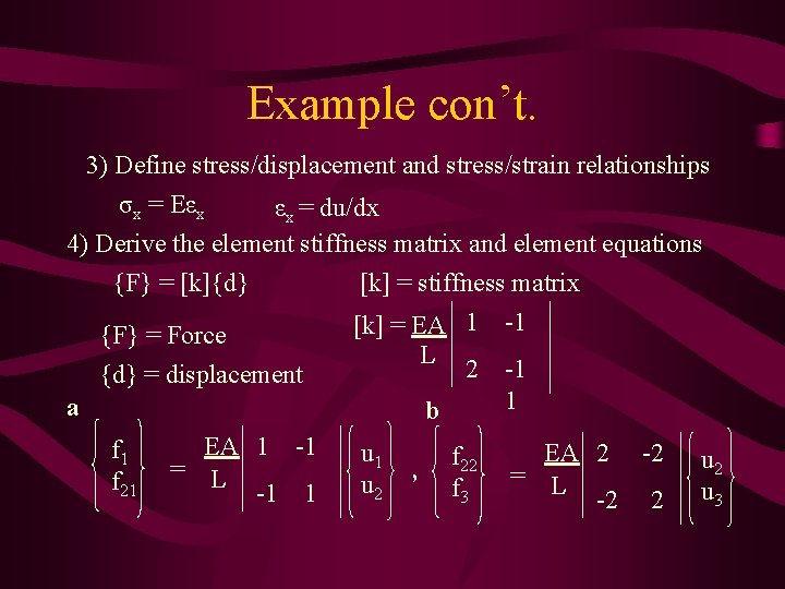 Example con’t. 3) Define stress/displacement and stress/strain relationships σx = Eεx εx = du/dx