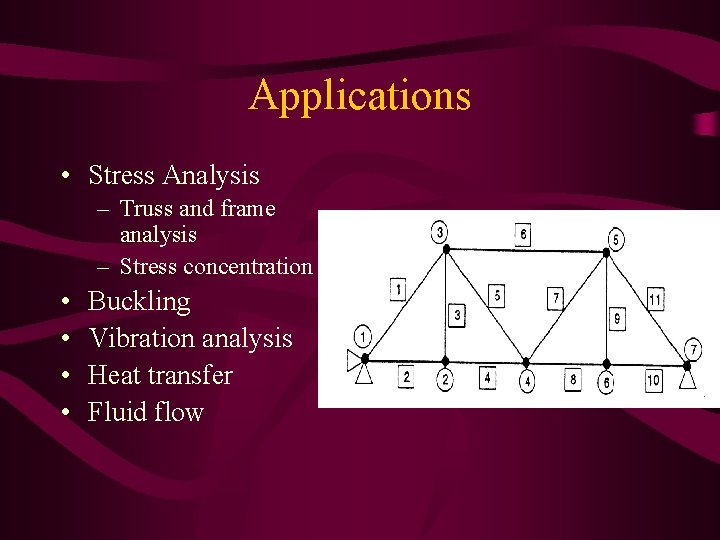 Applications • Stress Analysis – Truss and frame analysis – Stress concentration • •