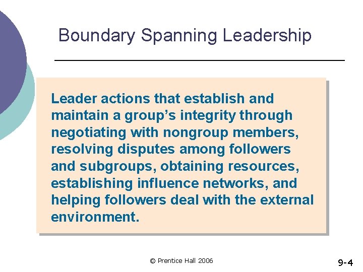 Boundary Spanning Leadership Leader actions that establish and maintain a group’s integrity through negotiating