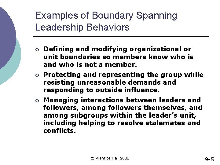 Examples of Boundary Spanning Leadership Behaviors ¡ Defining and modifying organizational or unit boundaries