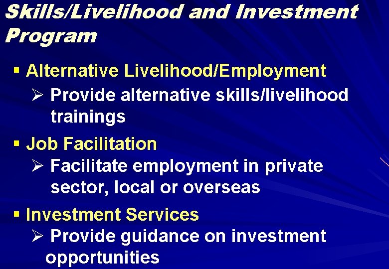 Skills/Livelihood and Investment Program § Alternative Livelihood/Employment Ø Provide alternative skills/livelihood trainings § Job