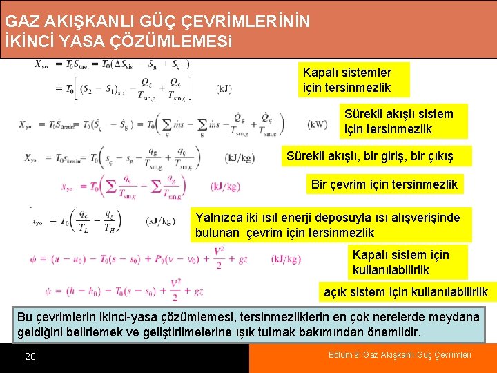 GAZ AKIŞKANLI GÜÇ ÇEVRİMLERİNİN İKİNCİ YASA ÇÖZÜMLEMESi Kapalı sistemler için tersinmezlik Sürekli akışlı sistem