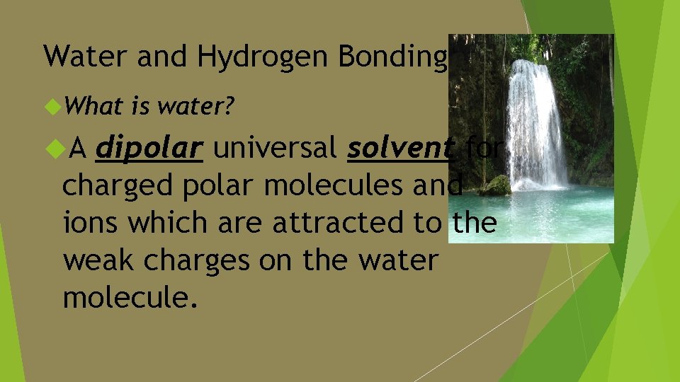 Water and Hydrogen Bonding What A is water? dipolar universal solvent for charged polar