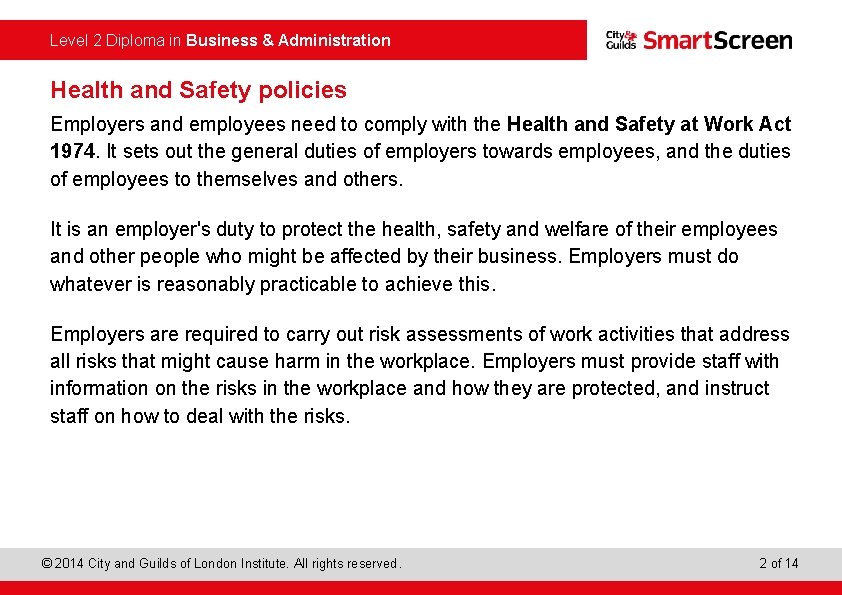  Level 2 Diploma in Business & Administration Health and Safety policies Employers and