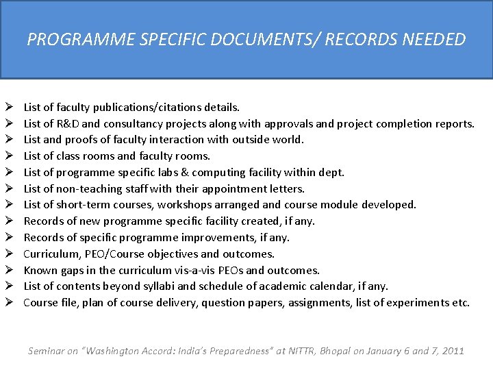 PROGRAMME SPECIFIC DOCUMENTS/ RECORDS NEEDED Ø Ø Ø Ø List of faculty publications/citations details.