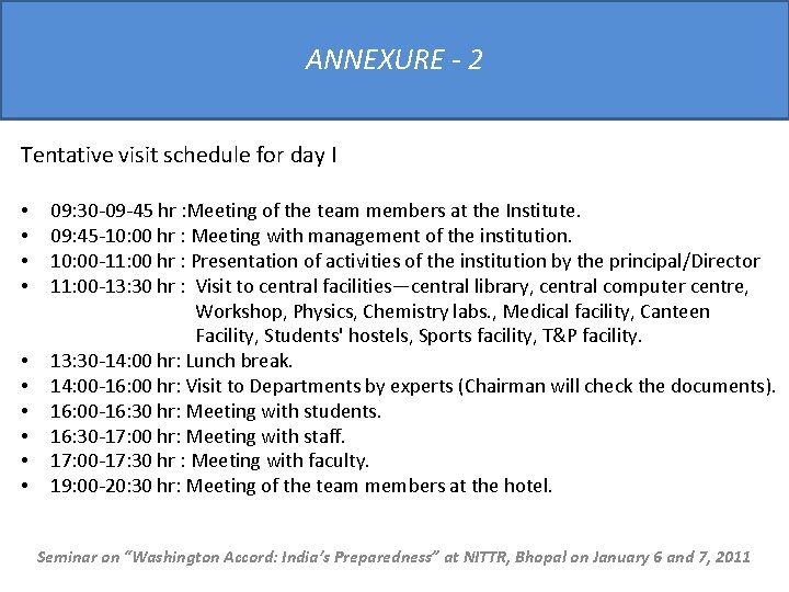 ANNEXURE - 2 Tentative visit schedule for day I • 09: 30 -09 -45