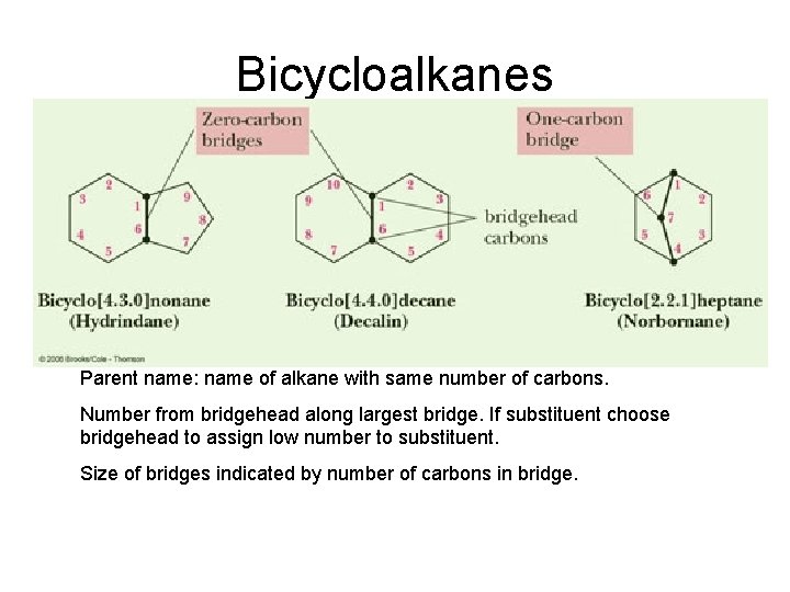 Bicycloalkanes Parent name: name of alkane with same number of carbons. Number from bridgehead