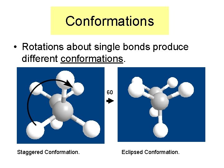 Conformations • Rotations about single bonds produce different conformations. 60 Staggered Conformation. Eclipsed Conformation.