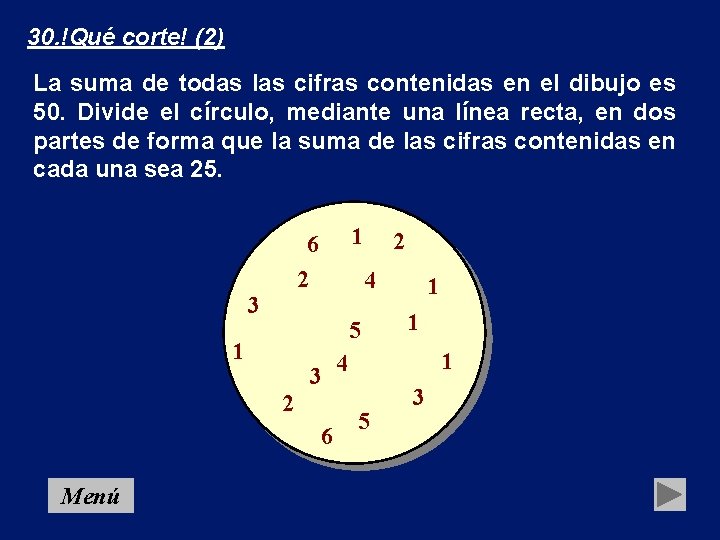 30. !Qué corte! (2) La suma de todas las cifras contenidas en el dibujo