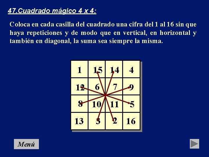47. Cuadrado mágico 4 x 4: Coloca en cada casilla del cuadrado una cifra
