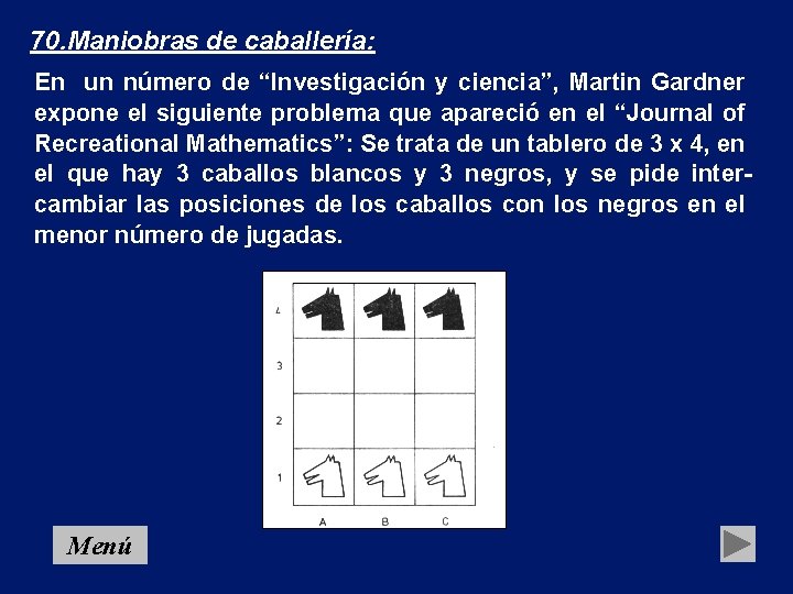 70. Maniobras de caballería: En un número de “Investigación y ciencia”, Martin Gardner expone