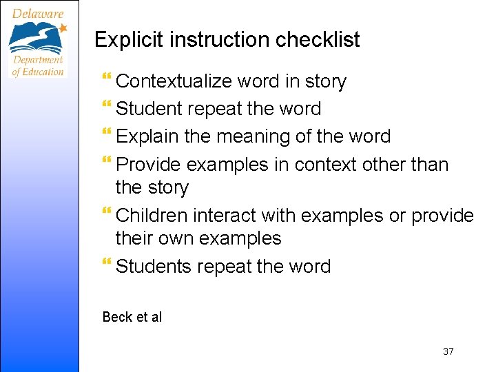 Explicit instruction checklist Contextualize word in story Student repeat the word Explain the meaning