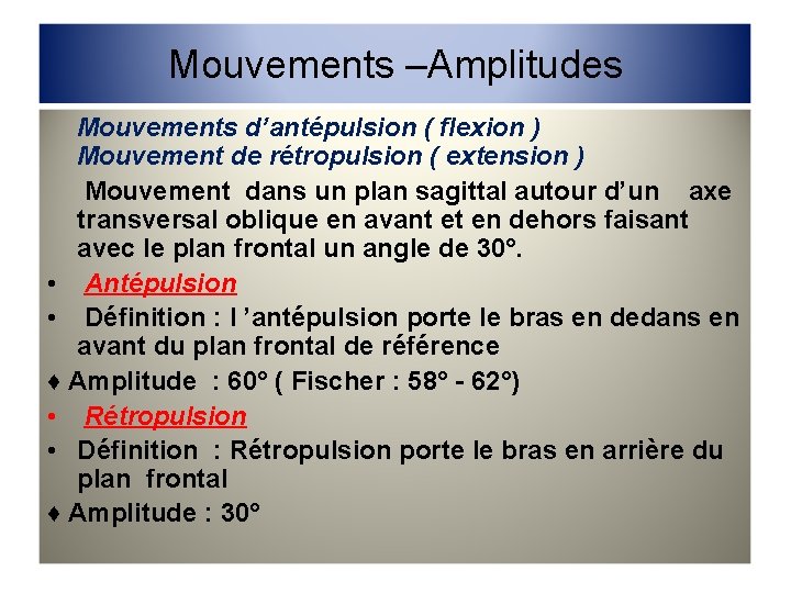 Mouvements –Amplitudes Mouvements d’antépulsion ( flexion ) Mouvement de rétropulsion ( extension ) Mouvement