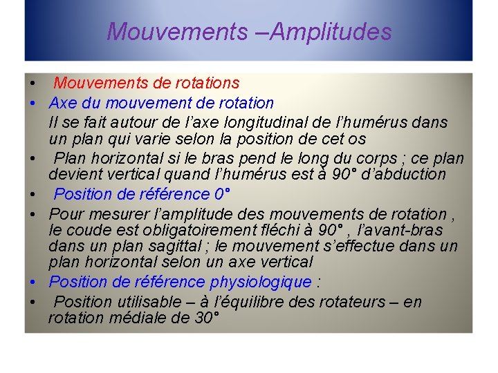 Mouvements –Amplitudes • Mouvements de rotations • Axe du mouvement de rotation Il se