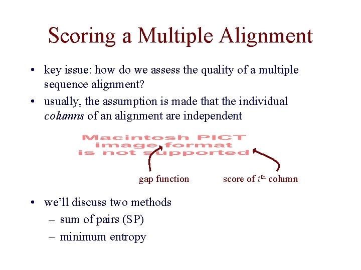 Scoring a Multiple Alignment • key issue: how do we assess the quality of