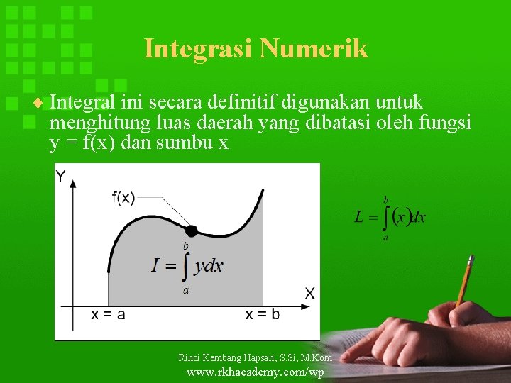Integrasi Numerik ¨ Integral ini secara definitif digunakan untuk menghitung luas daerah yang dibatasi