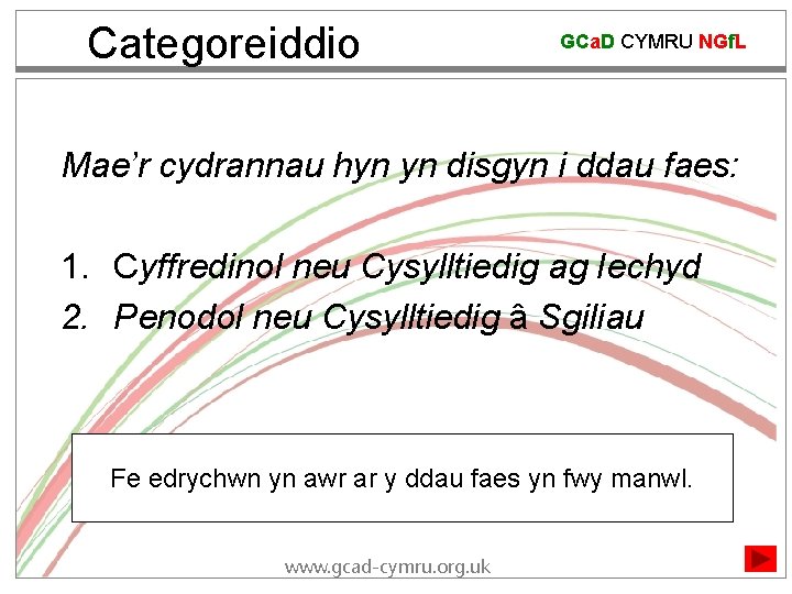 Categoreiddio GCa. D CYMRU NGf. L Mae’r cydrannau hyn yn disgyn i ddau faes: