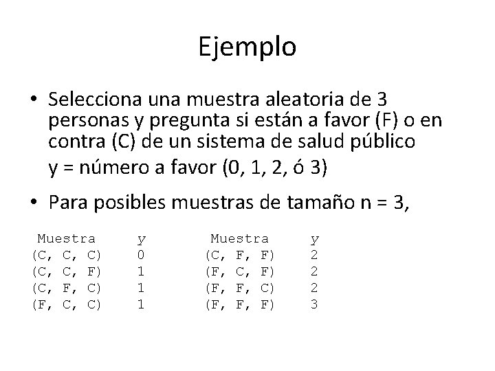 Ejemplo • Selecciona una muestra aleatoria de 3 personas y pregunta si están a