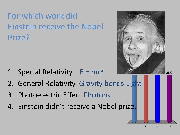 For which work did Einstein receive the Nobel Prize? 1. 2. 3. 4. Special