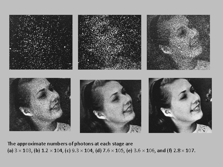 The approximate numbers of photons at each stage are (a) 3 × 103, (b)