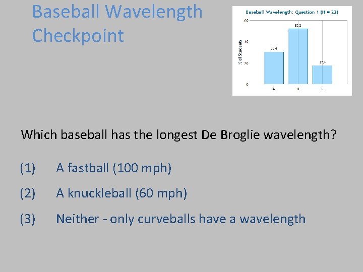 Baseball Wavelength Checkpoint Which baseball has the longest De Broglie wavelength? (1) A fastball
