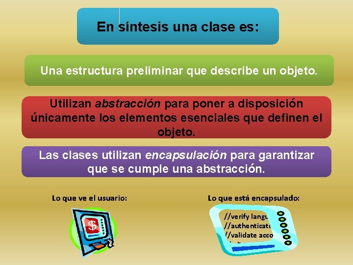 En síntesis una clase es: Una estructura preliminar que describe un objeto. Utilizan abstracción