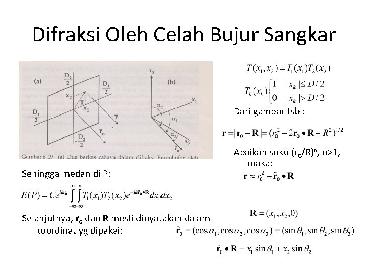 Difraksi Oleh Celah Bujur Sangkar Dari gambar tsb : Sehingga medan di P: Selanjutnya,