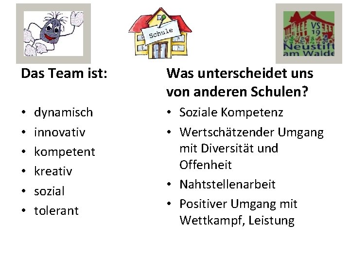 Das Team ist: • • • dynamisch innovativ kompetent kreativ sozial tolerant Was unterscheidet