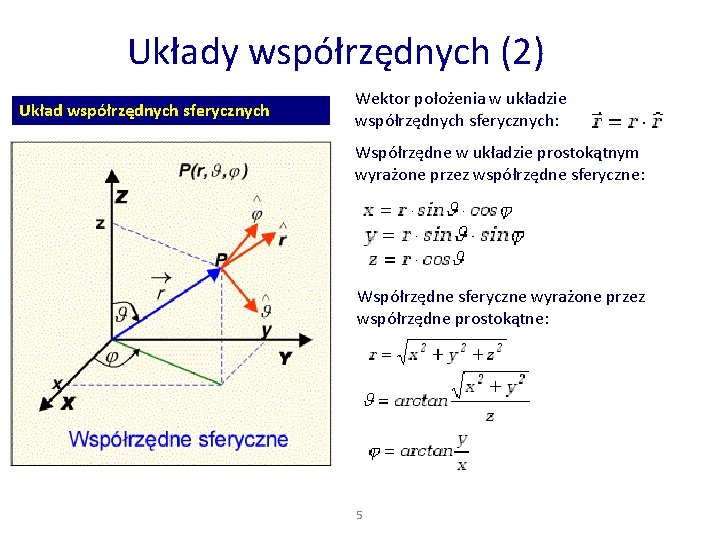 Układy współrzędnych (2) Układ współrzędnych sferycznych Wektor położenia w układzie współrzędnych sferycznych: Współrzędne w